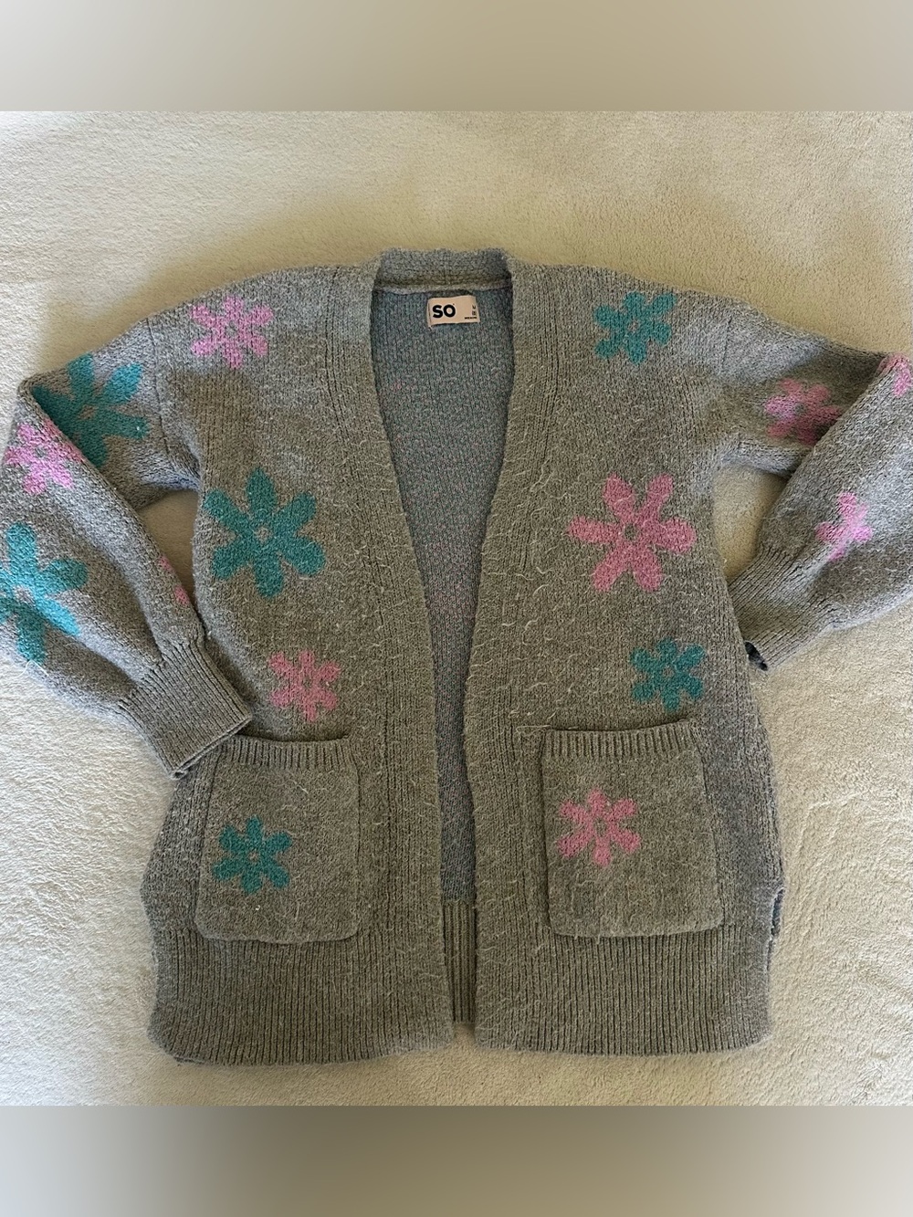 🌻3/$18 SO Gray Cardigan Sweater with Pink & Teal Floral Accents